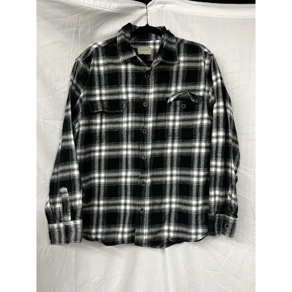 JACHS Flannel Shirt Button Up Long Sleeve Plaid Black White Mens - Picture 1 of 7